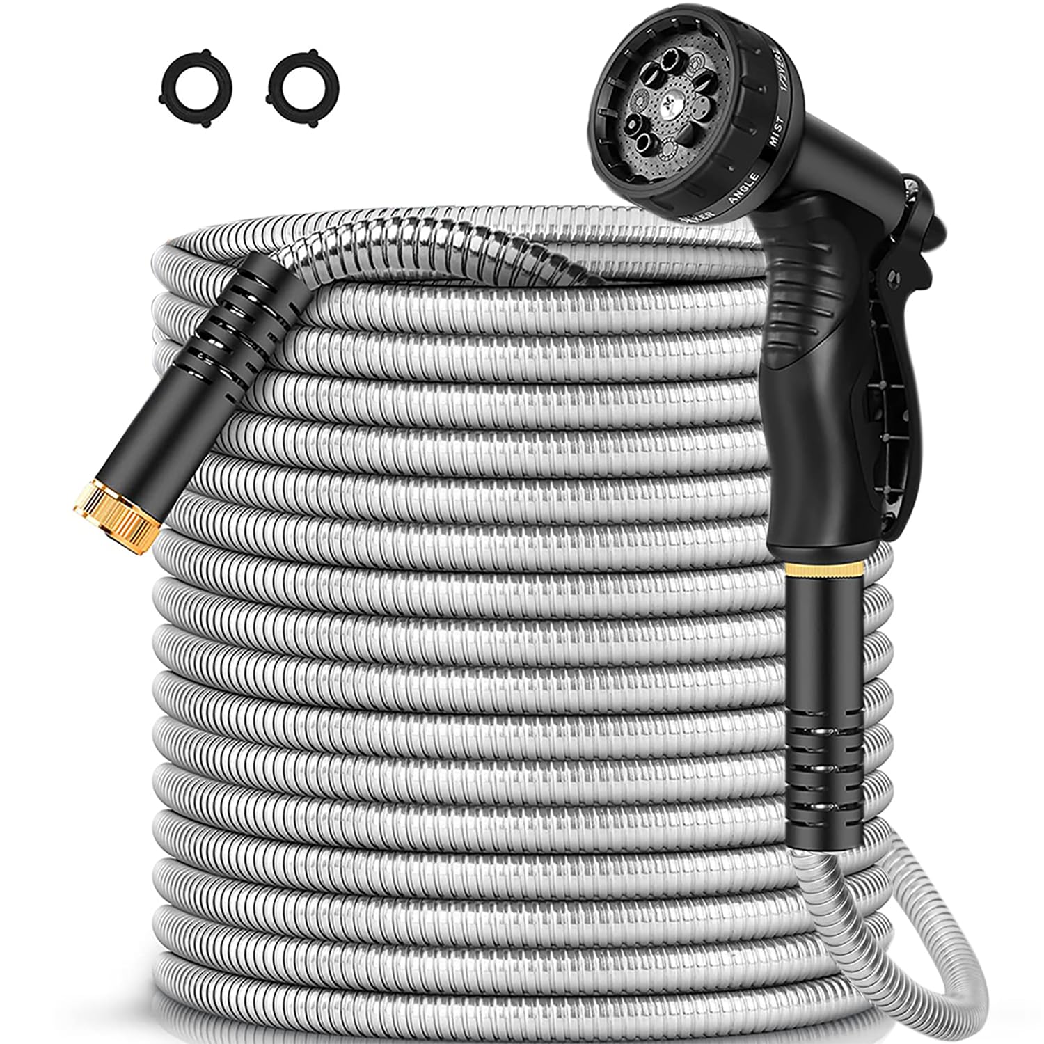Metal Garden Hose 300CM, Stainless Steel Heavy Duty Water Hose With 10 Function Nozzle, No-Tangle & No-Kink, Tough & Flexible, Durable and Lightweight, Rust Proof hose for Yard, Outdoor, RV