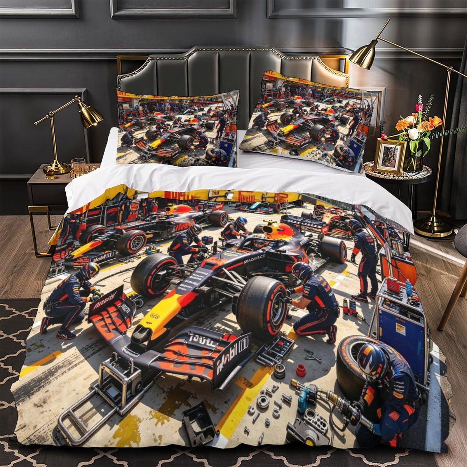 DAFUfbw Lovingly Formulaa Racing Comforter Cover Double（200x200cm）, Pit Stop Duvet Cover with Pillowcases, Soft Microfiber Pit Stop Quilt Cover for Boys & Girls