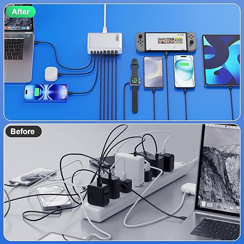 Miniatura 7 de Cargador USB C de 300 W, bloque de cargador USB C de 8 puertos GaN IV, estación de carga rápida, PD de 100 W, adaptador de carga de pared compatible