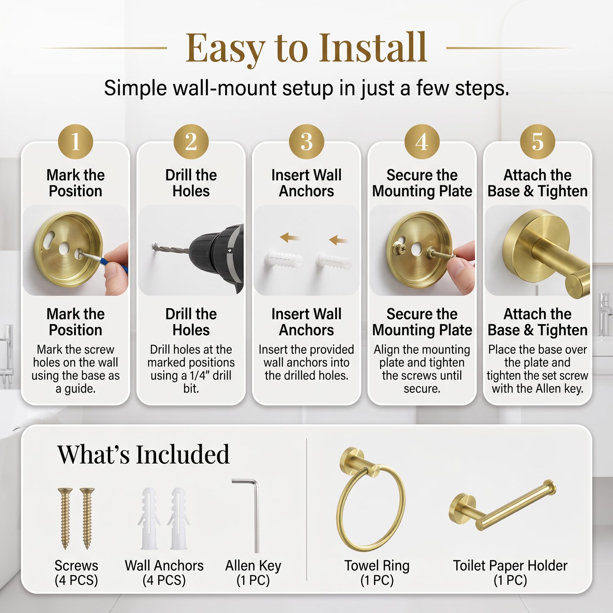 Toilet Paper Holder Towel Ring Brushed Gold Bathroom Hardware Hand Towel Holder Bathroom Accessories Set Wall Mount Stainless Steel 2 Pieces — Amazon image 9