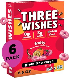 Three Wishes Grain-Free Protein Breakfast Cereal - 8g Protein and 3g Fiber - Healthy, Low-Sugar Breakfast Cereal, Gluten Free, Vegan-Friendly, Non-GMO - Fruity, 6-Pack