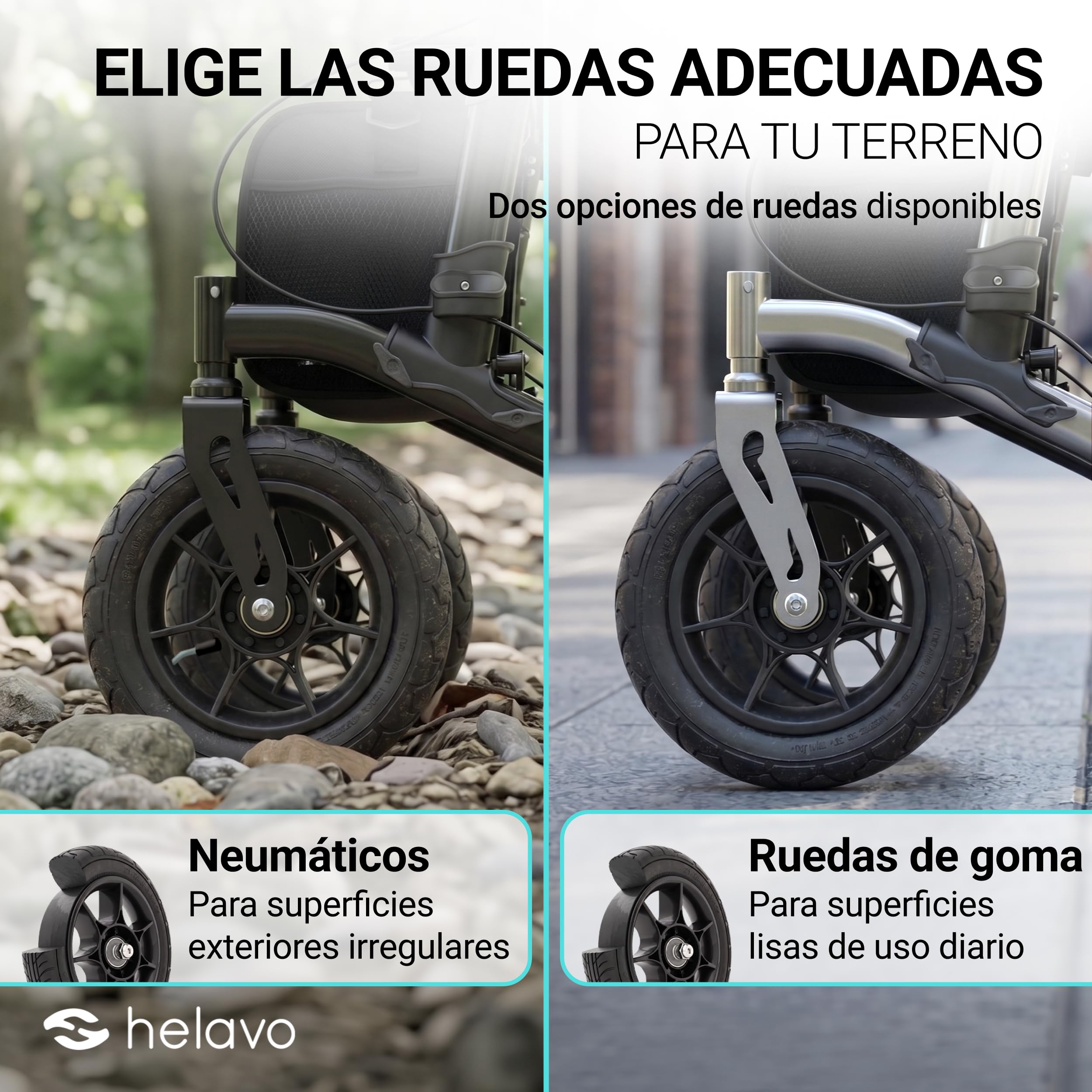 Helavo andador para exteriores con ruedas de caucho macizo antipinchazos - Andador para ancianos de aluminio plegable con asiento - Máxima movilidad y comodidad en exteriores