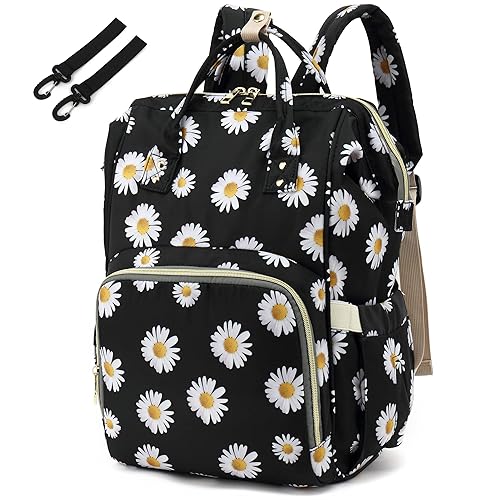 Mochila de pañales con diseño floral para bebés, niñas y niños, bolsas de pañales para mamá con flores para mujeres (color negro margarita)