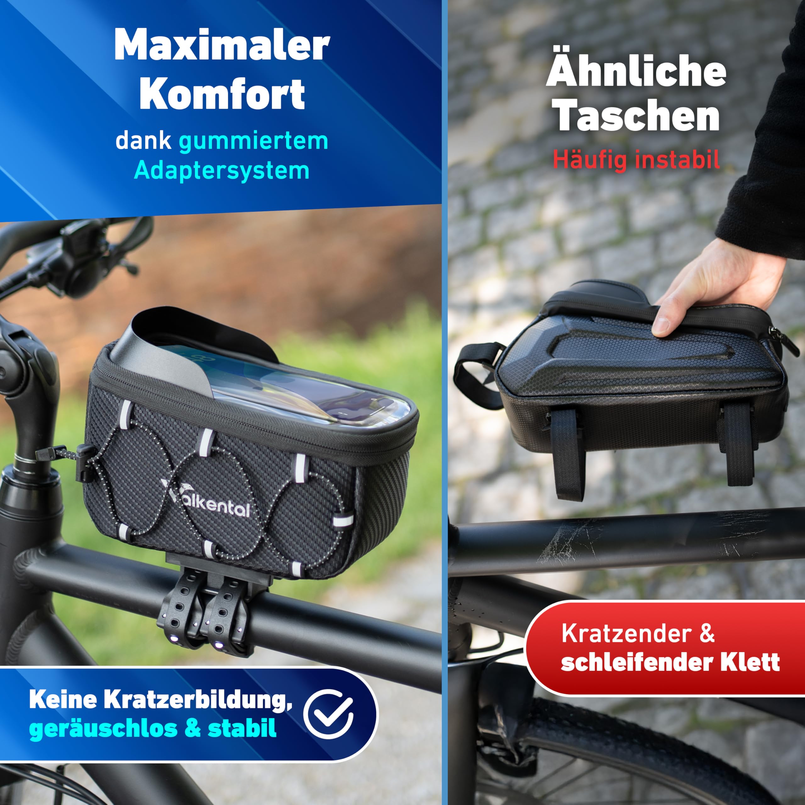 Valkental® Fahrrad Rahmentasche [Innovativer Adapter] Wasserfeste Oberrohrtasche mit Schnellspanner für Ebike, Rennrad & MTB [Viel Platz] Fahrradtasche Rahmen Handy – Handytasche mit sensibler Folie