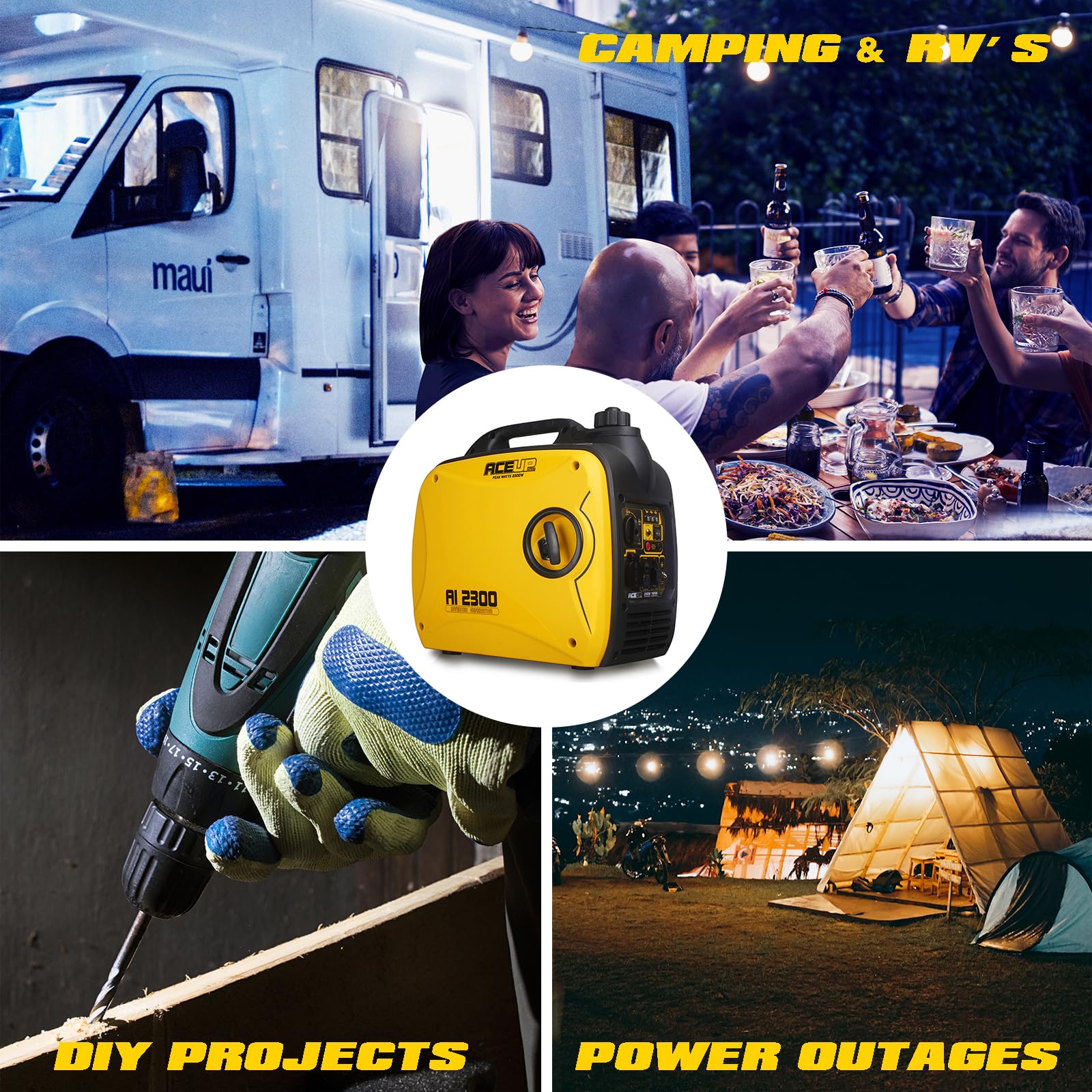 Generatore di Corrente 2000W, Aceup Energy Inverter Generator Portatile,Silenziato Gruppo Elettrogeno Emergenza con Prese AC/DC/USB Leggero per Campeggio, all'aperto