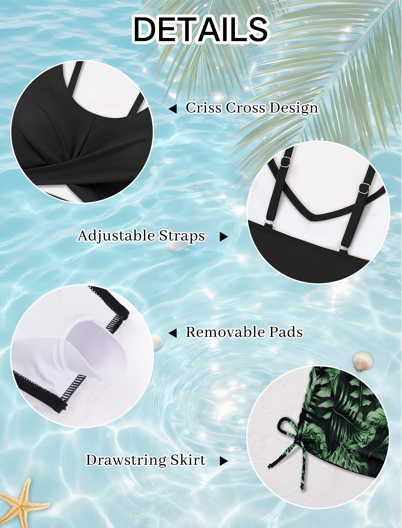 Maillot de bain 3 pièces pour fille avec bretelles spaghetti croisées et jupe cache-maillot de bain
