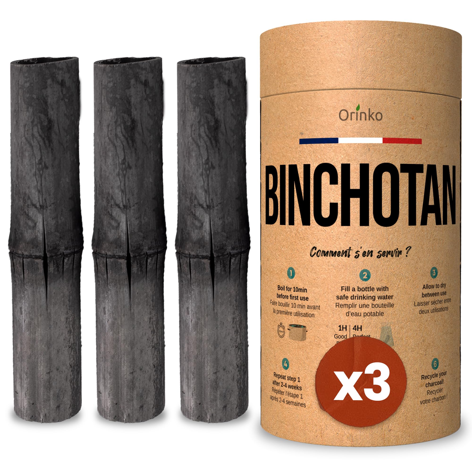 ORINKO Binchotan Bio x3 - Charbon Actif de Bambou pour Purification d'Eau en Carafe - Filtre 1,5 L par Bâton