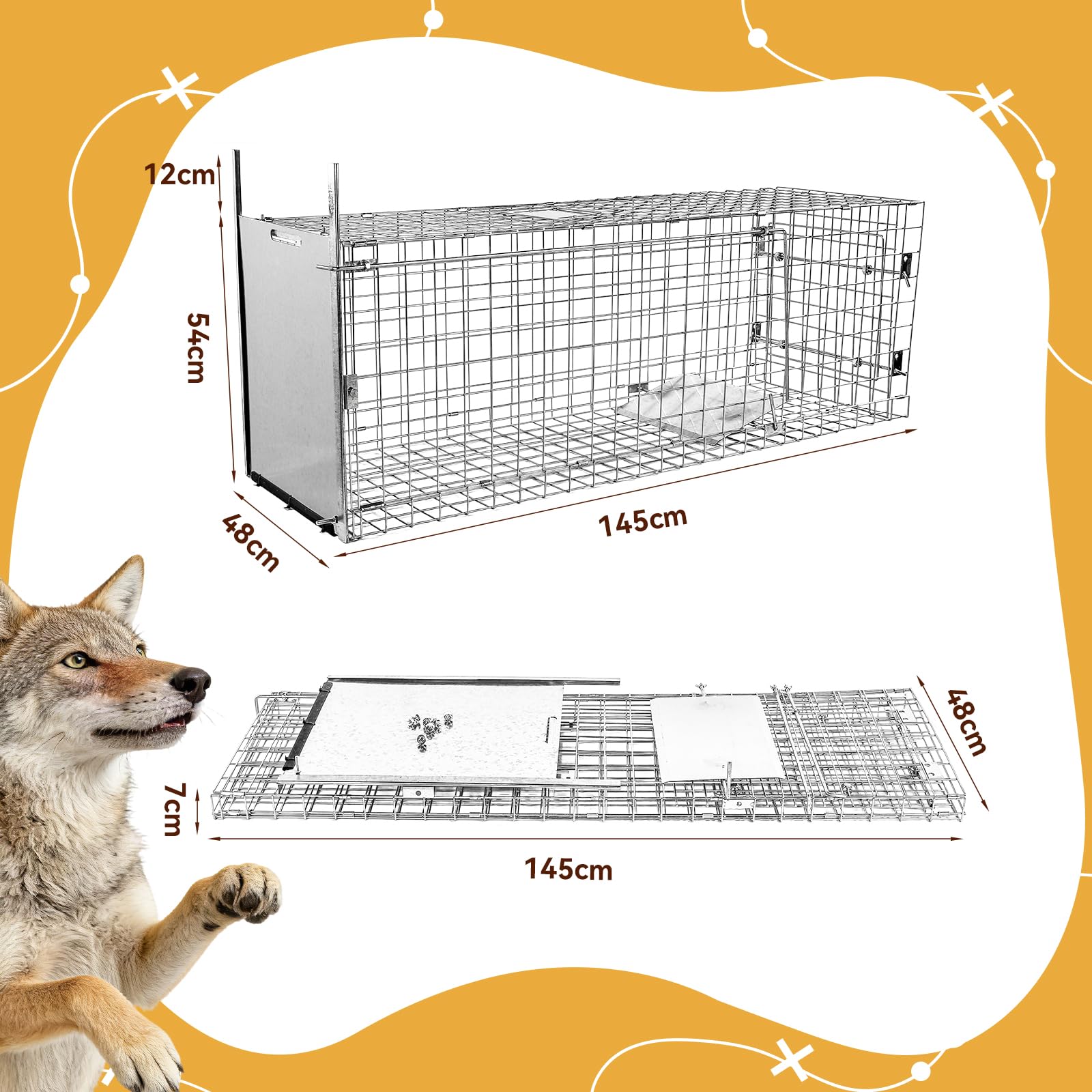 Jaula Plegable Grande para Animales 145×48×54 cm | Jaula plegable para la captura de animales, apta para perros de gran tamaño, zorros, coyotes y linces