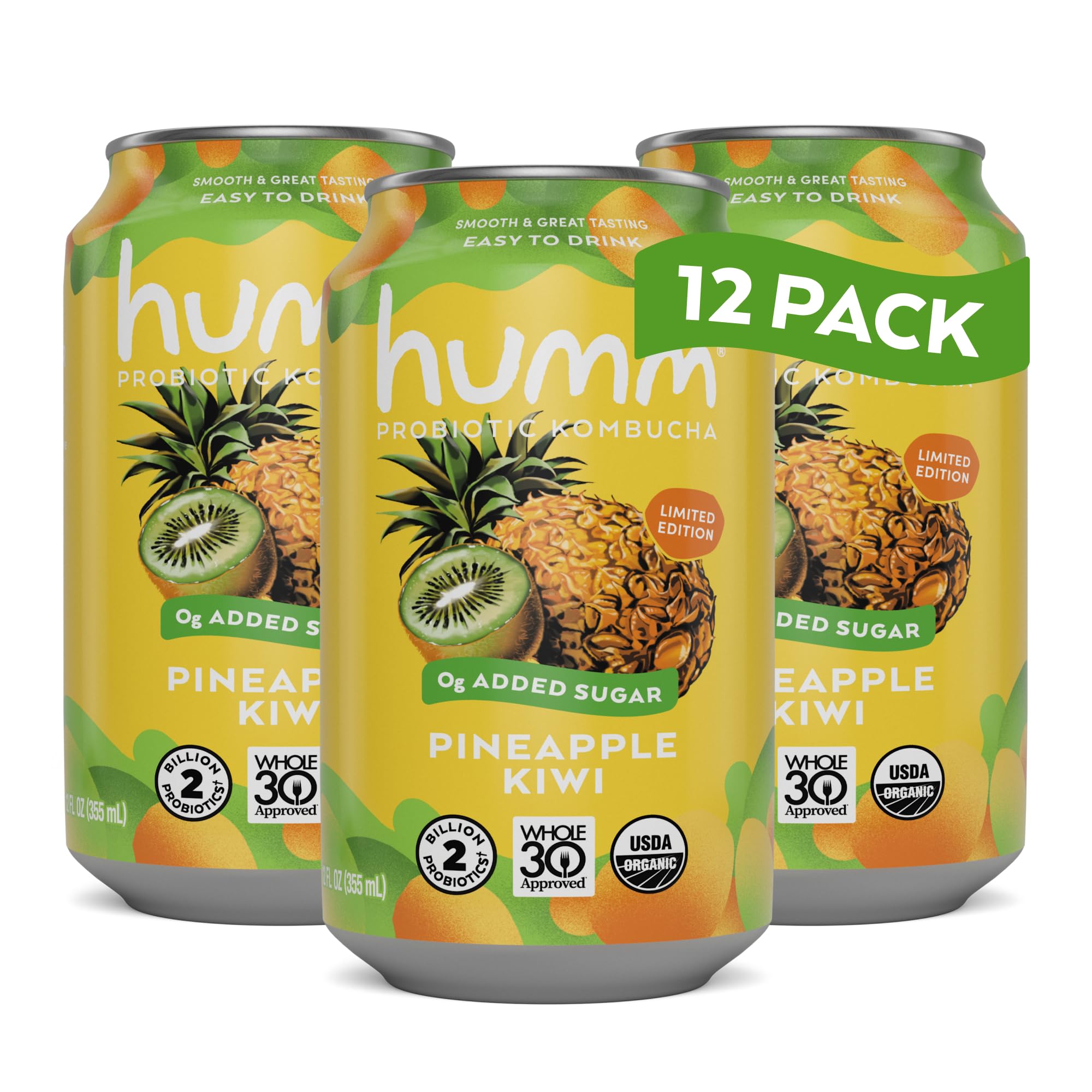 Whole30 Approved Kombucha, Pineapple Kiwi, Organic, Vegan & GMO Free (12 Pack)