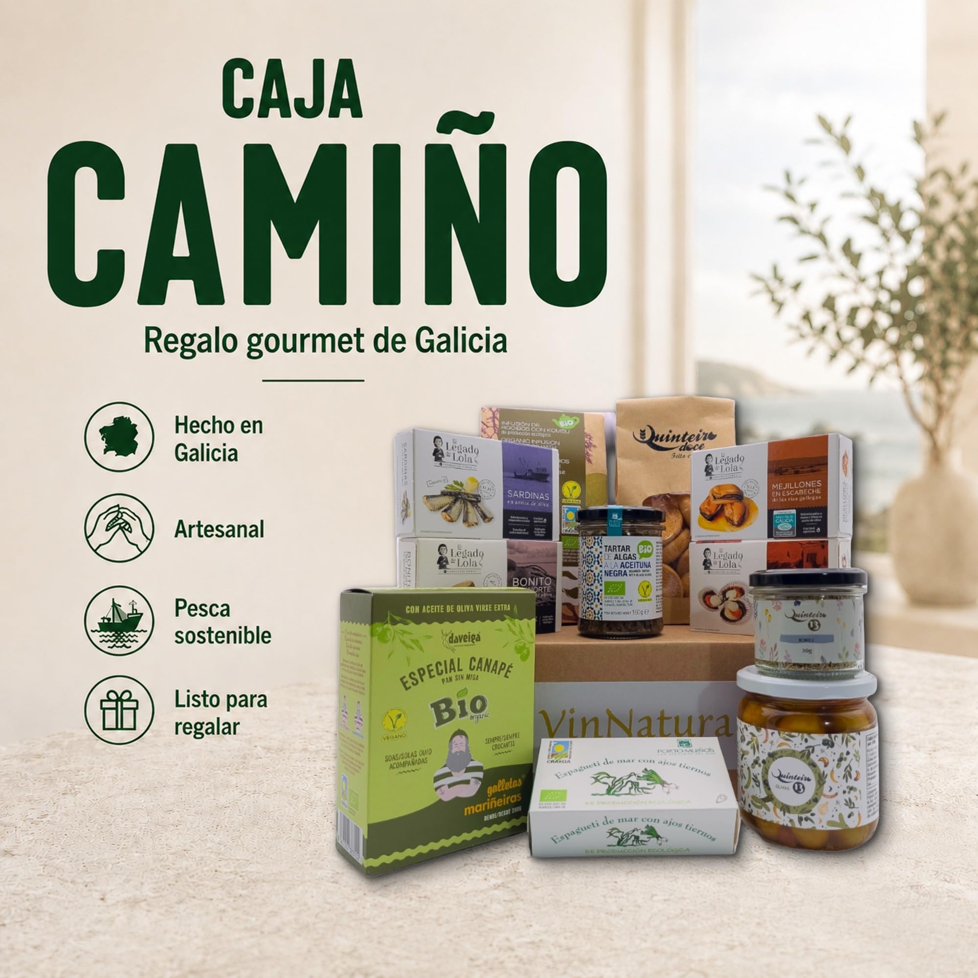 Caja Regalo Gourmet Camiño de VinNatura con Conservas Artesanales | Cesta gourmet de Galicia, regalos de empresa, celebraciones, elaboración tradicional, tarjeta personalizable