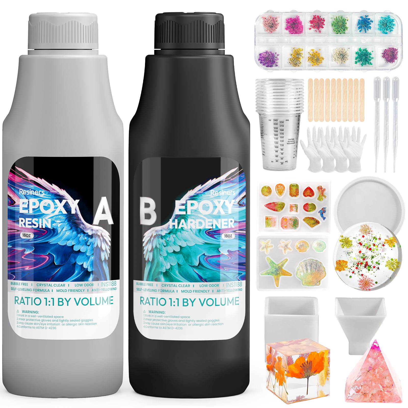 Resiners Kit Resina Epossidica Transparente 1L – Resina Epossidica Transparente Kit cristallo, alto brillante, non ingiallisce, Includi stampi Ideale per colatura, gioielli artigianato DIY