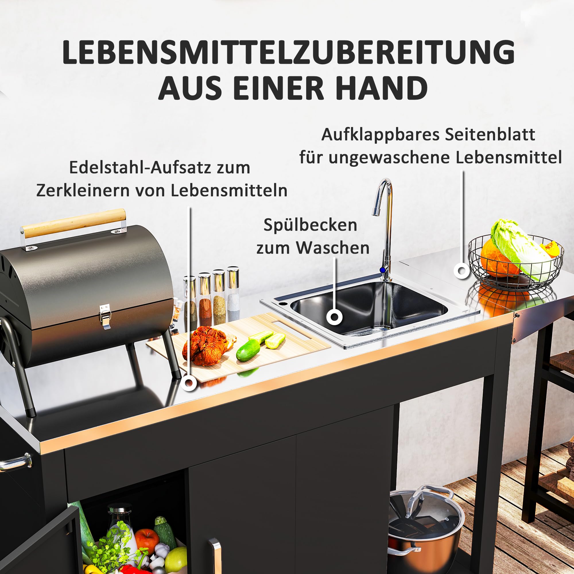 Outsunny Grillwagen Servierwagen mit Arbeitsfläche Seitenblatt Schrank Spüle Räder, BBQ Grilltisch aus Edelstahl, Outdoor Grill Beistelltisch für Garten, Terrasse, Grill 162,5 x 47 x 87cm Schwarz