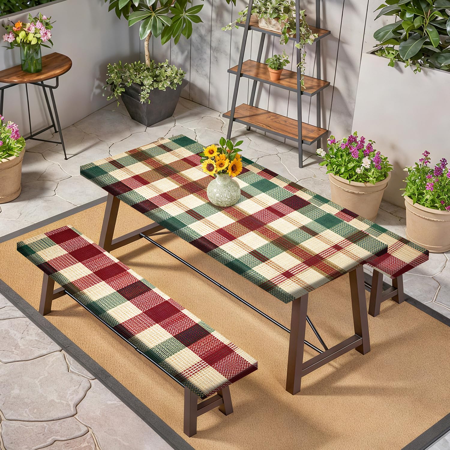 Nappe Table Pique Nique 6FT Carreaux Rouge Vert Lot de 3, Housse Imperméable Extérieur 72"x30" avec Housses Banc