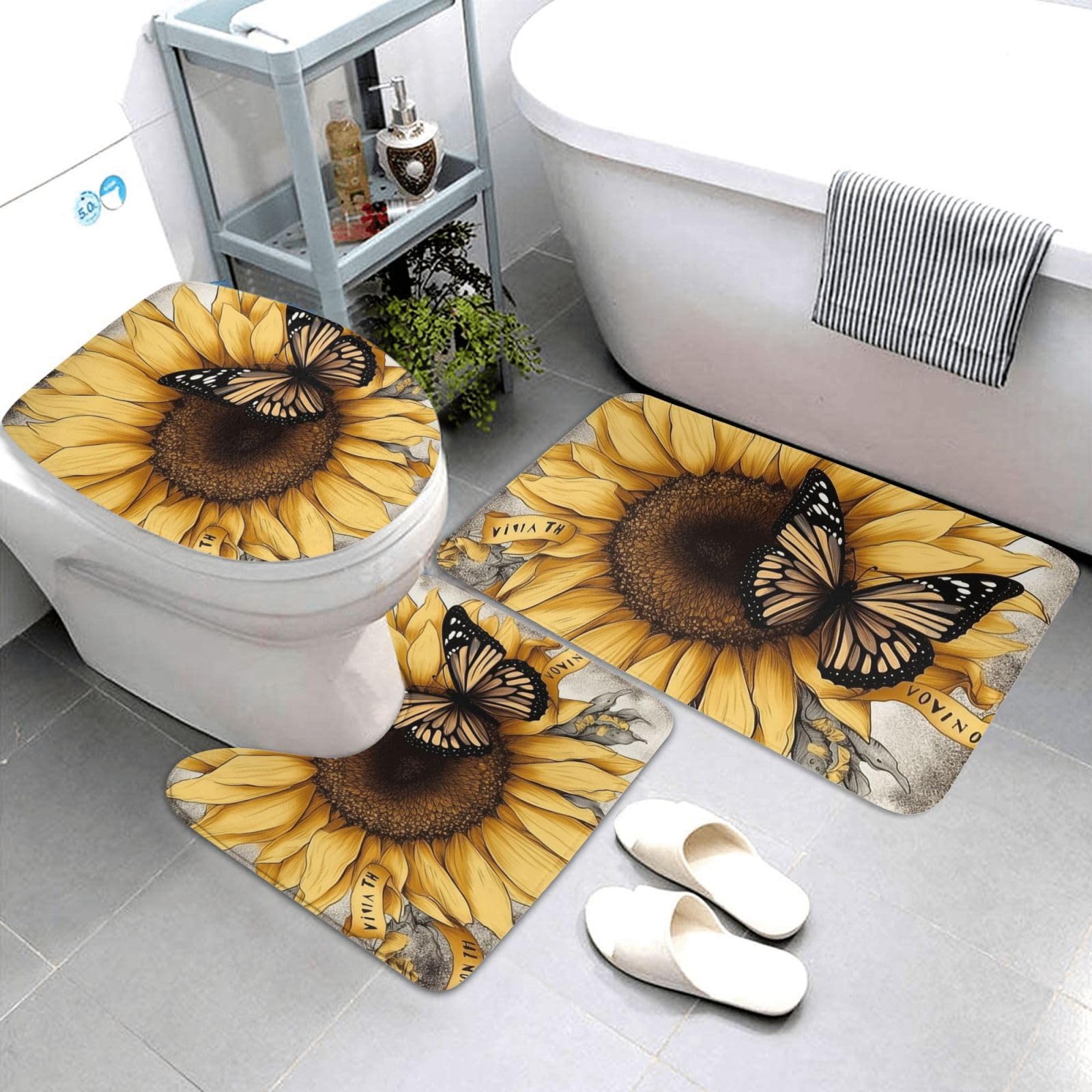 Dwrepo Butterfly and Sunflower Print Bathroom Rug Set 3 Piece with Non-Slip U-Shaped Contour Mat and Toilet Lid Cover for Bathroom Decoration