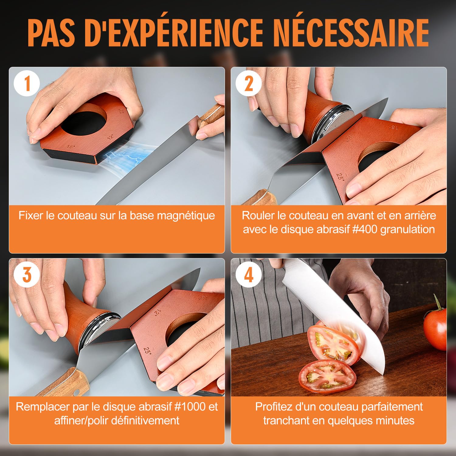 Affuteur de couteaux, knife sharpener avec 4 meules, pour aiguiseur les couteaux de cuisine de manière experte kit d'affûtage simplifié – Compatible avec les angles 12°/15°/17°/19°/22°/25°