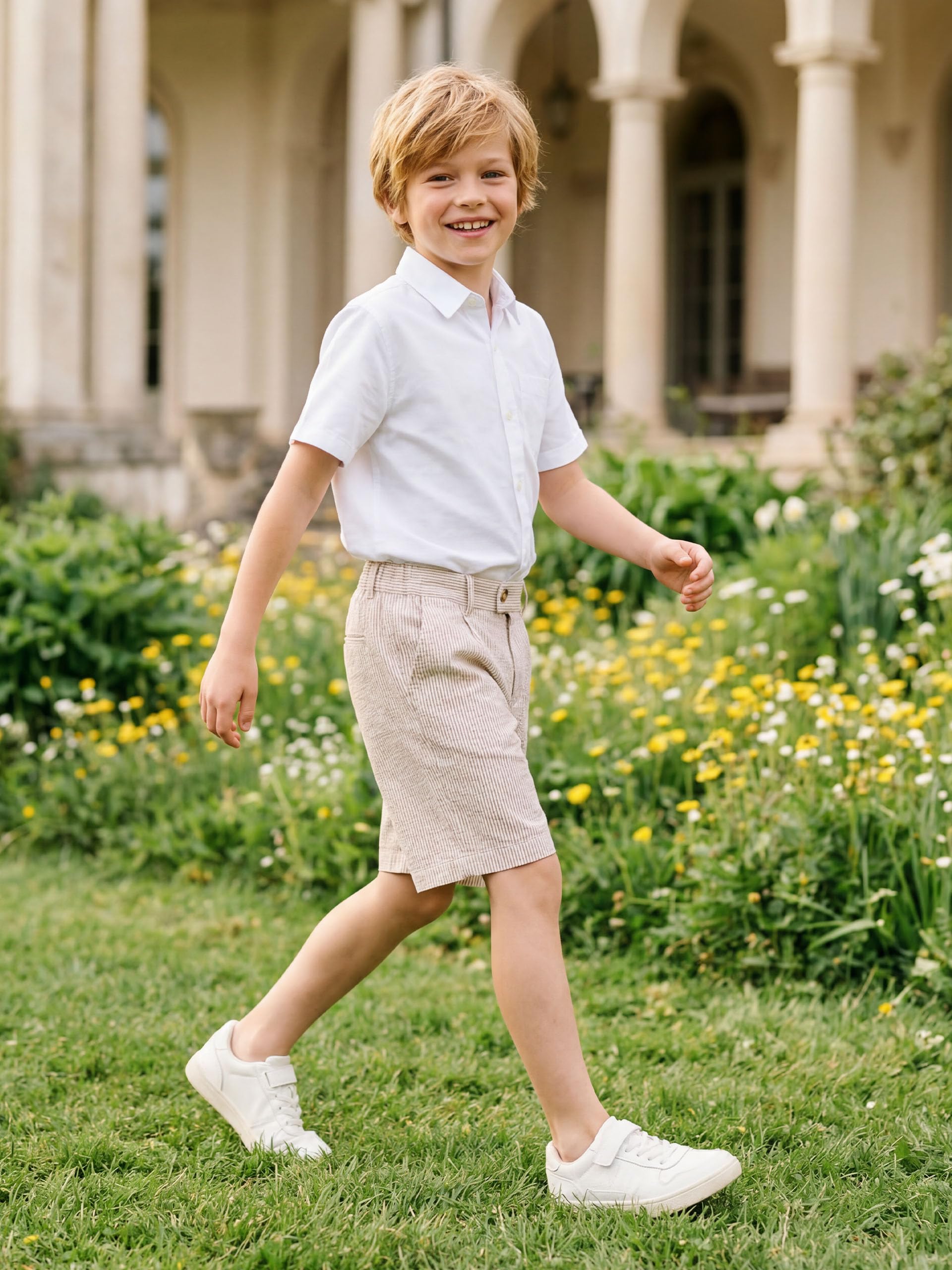 LOLANTA Short Garçon Seersucker pour Mariage, Short Léger en Mélange de Coton, Taille Ajustable avec Poches pour Plage