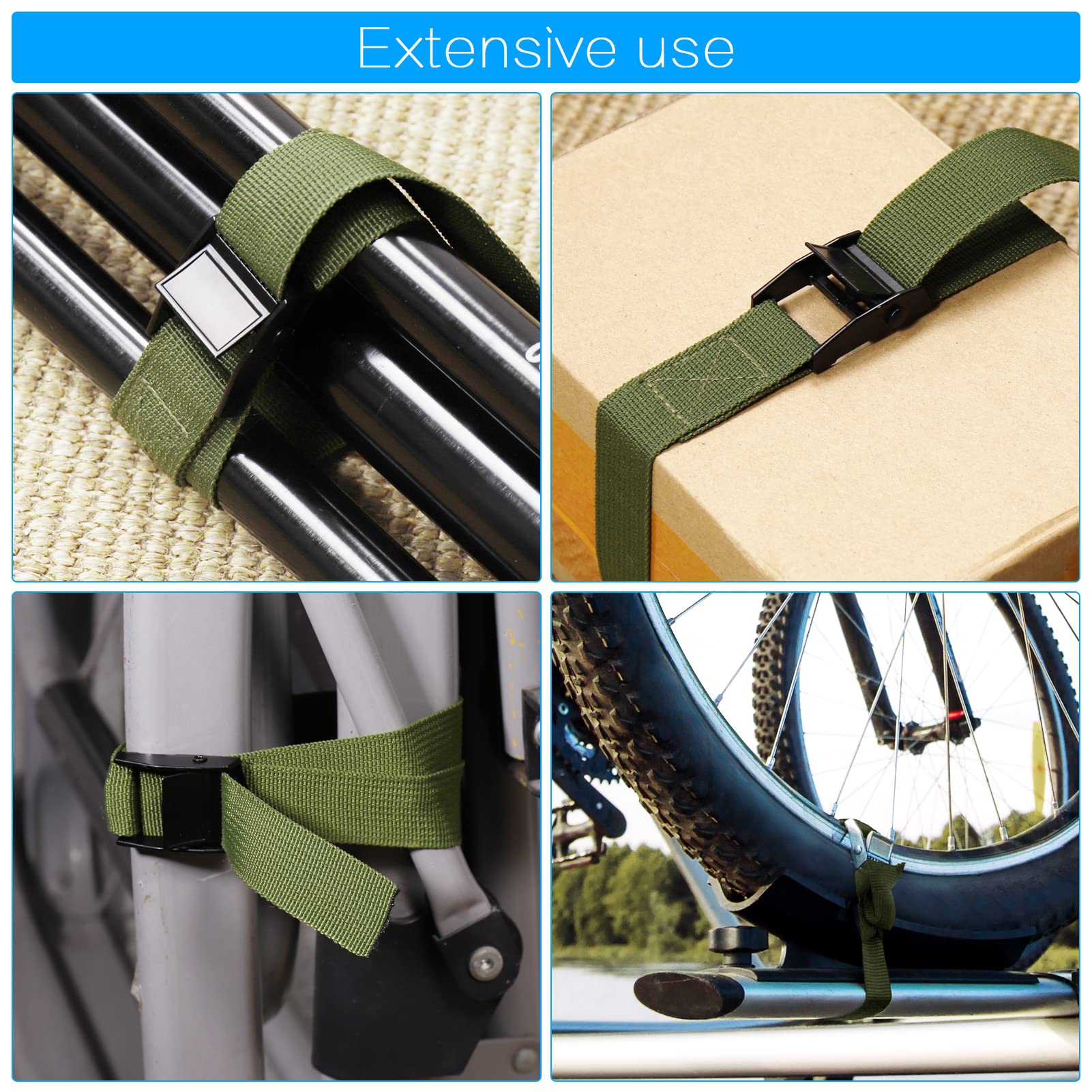 Hejo 10PCS Correa de Amarre,65x2.5CM Verde Ajustable Cinchas de Amarre Pequenas de Metal Aleación con Liberación Rápida A Prueba de Oxido Cinchas para Bicicletas, Motocicletas, Paquetes de Equipaje — view 8