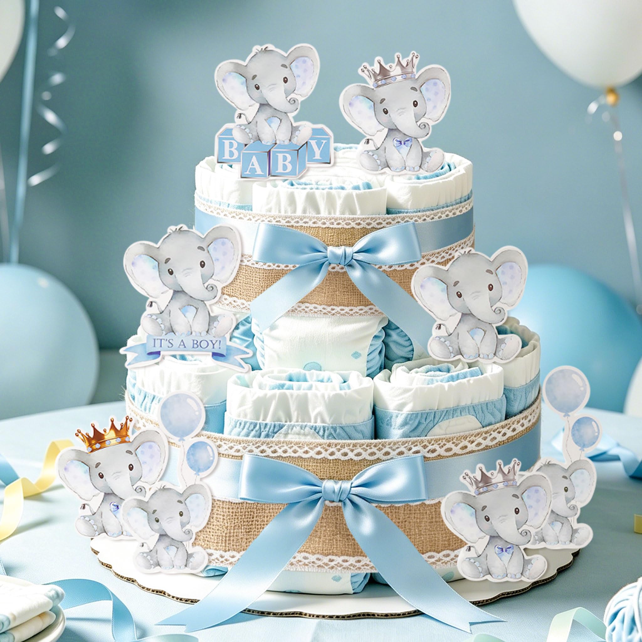 Diaper Cake Kit Diaper Decor Eleghant Cutouts Blue Ribbon for Baby Shower Gender Reveal Party Supplies