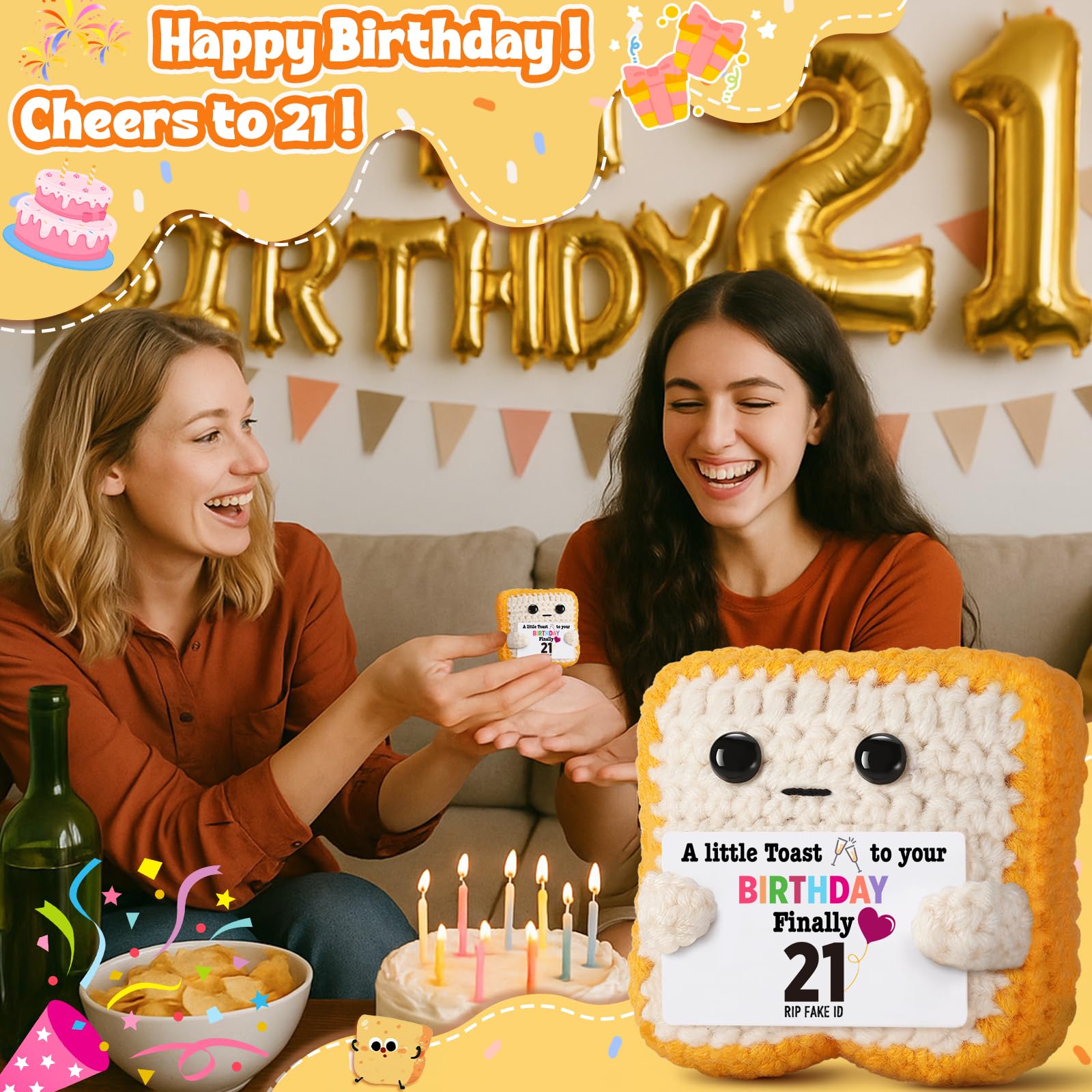 Finally 21 - Funny 21st Birthday Gift for Her Him - Crochet Toast with 'RlP Fake ID' Gag Message - Unique Adult Birthday Decor & Keepsake for Daughter, Son, Friend, Sister female Male From Mom Dad