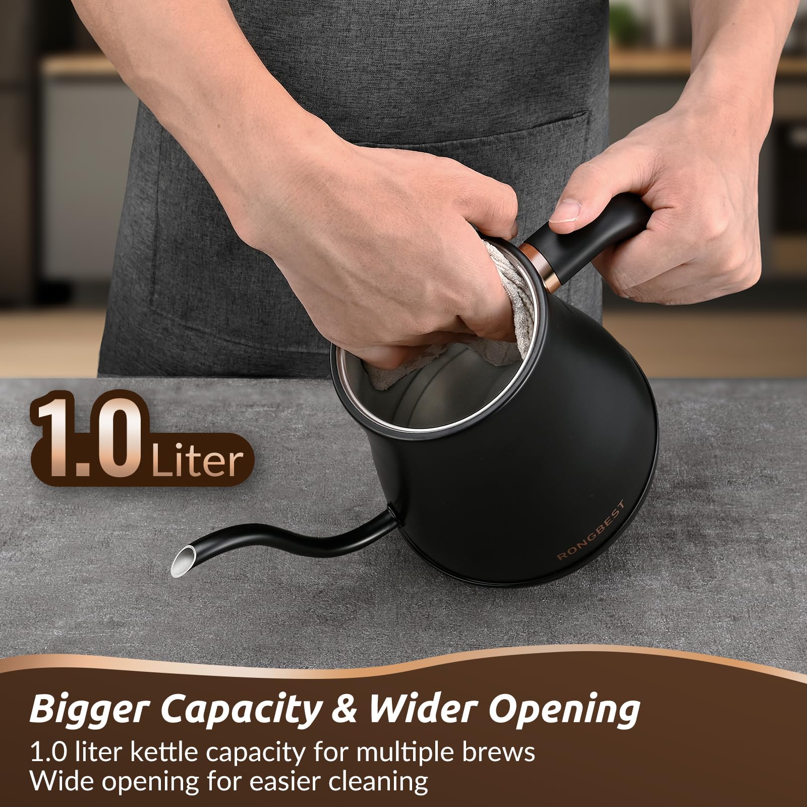Hervidor eléctrico de cuello de cisne, 1200 W, 6 ajustes de temperatura, tapa interior e inferior de acero inoxidable, 1 litro de calentamiento rápido para café y té, negro mate 7