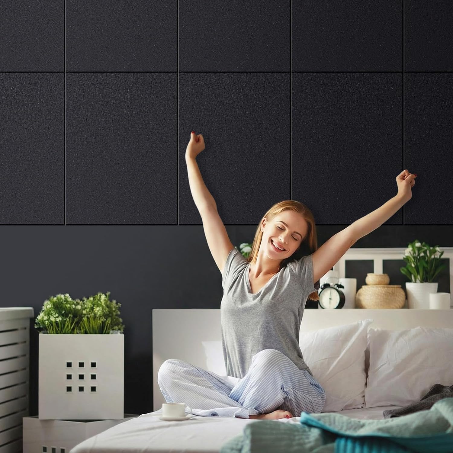 Pushglossy 12 Pcs Acoustic Wall Panels 31.5" x 23.6" Polyester Sound Absorbing Panels with Adhesive Backing, Sound Dampening Panel for Home Studio Office Gaming Room Home Theater(Black)