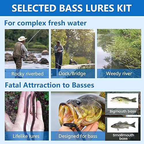 Miniatura 7 de Kit de señuelos de pesca de lubina, 48 piezas, aparejos de pesca para lubina, cebos y señuelos de pesca, gusanos de plástico suave, ciempiés,