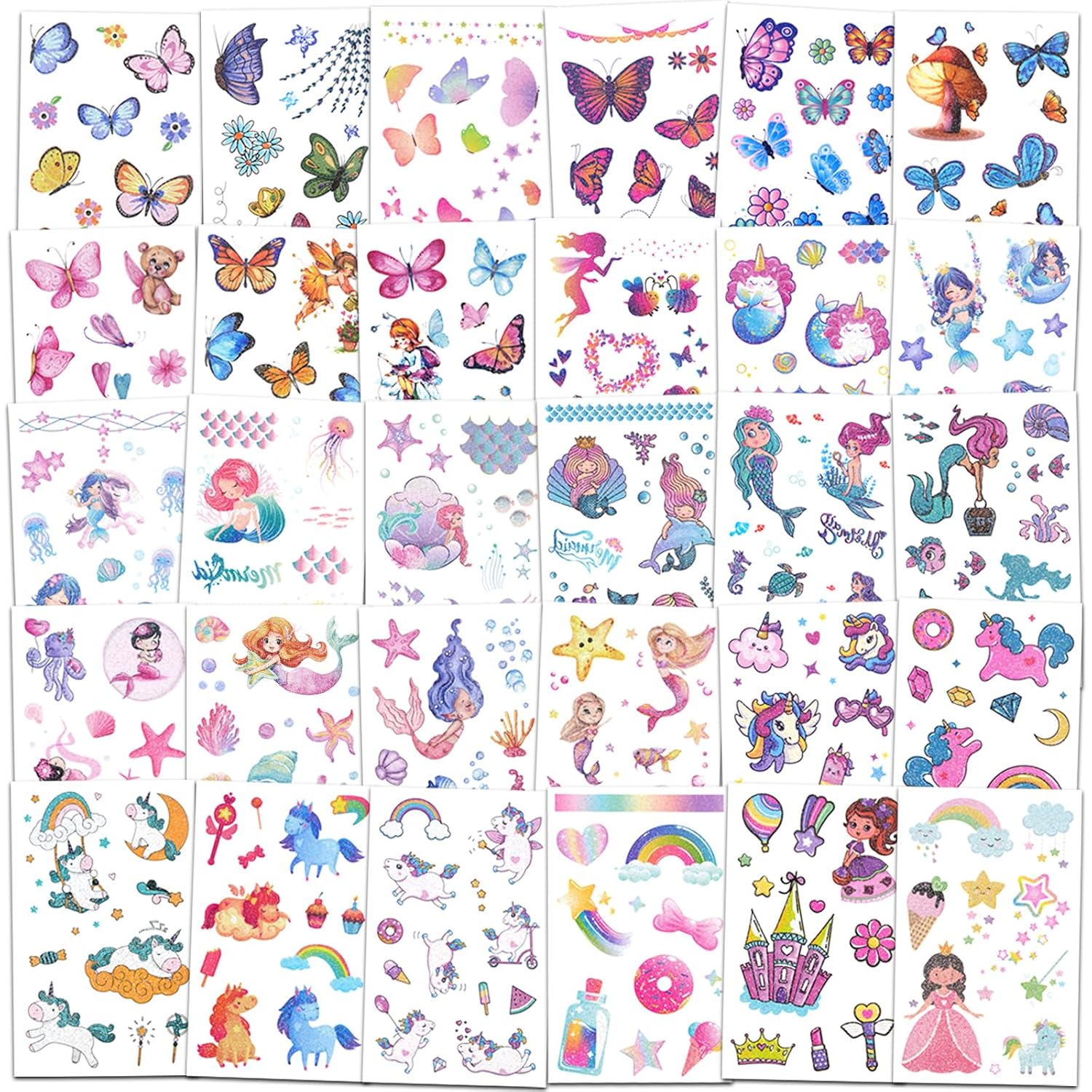 Glitter Temporary Tattoo for Girls, 30 Sheets Mix Butterfly Mermaid Unicorn Tattoo Stickers for Kids, Waterproof Fake Tattoos for Birthday Party Favors Goodie Bag Fillers
