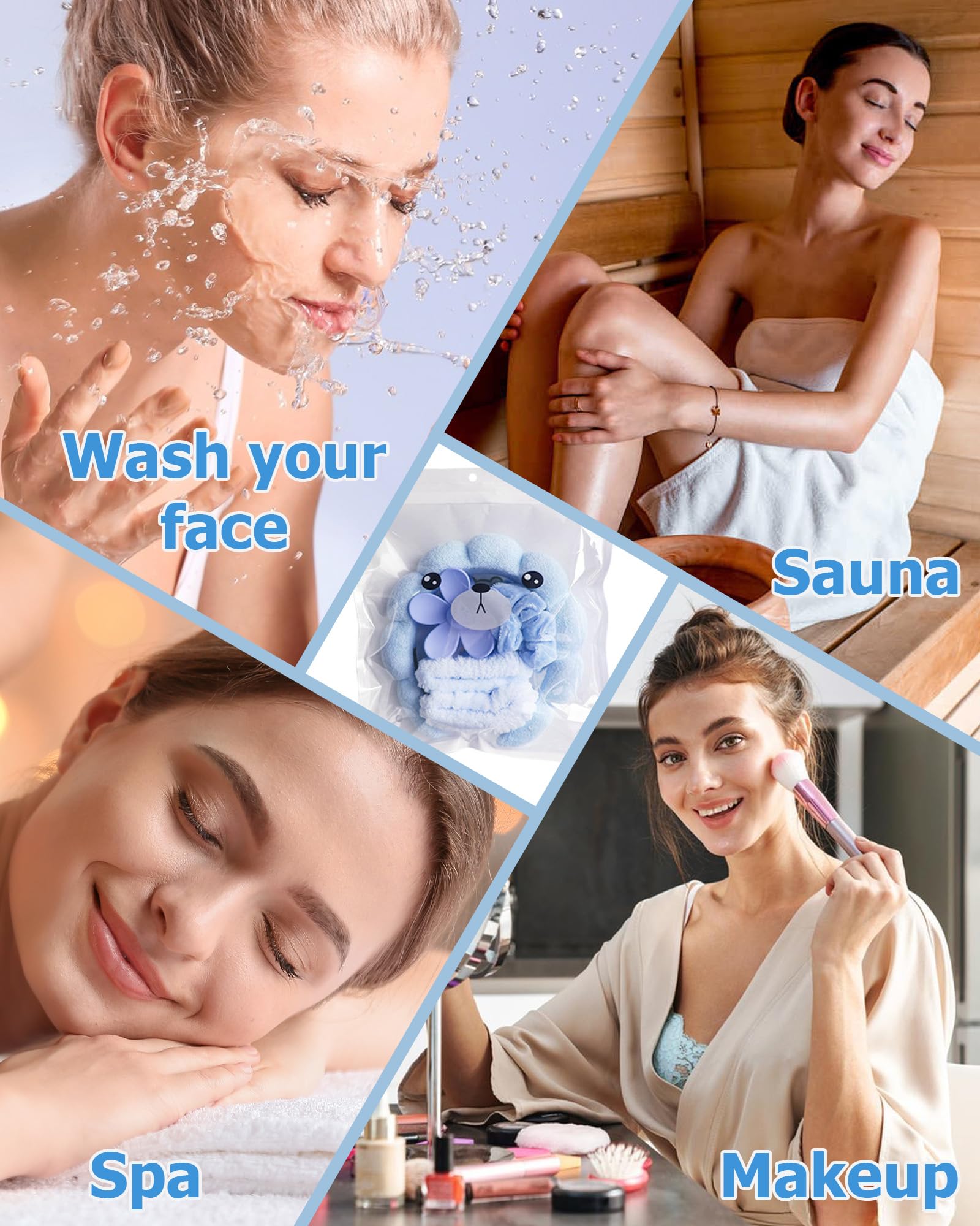 6Pcs Spa Headband for Washing Face,Wristbands Set Women Bubble Skincare Makeup Sponge Terry Cloth Padded Puffy Headband Bow Tie Hairband Cute Non Slip Thick Hair Accessory Gifts(Blue) - Image 3
