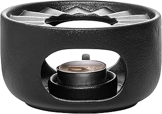 Stoneware Teapot Warmer with Safety Candle Spoon - Rustic Coarse Pottery Tea Heater Base with Vent Holes, Matte Finish Zen Decor for Glass & Ceramic Teapots, Coffee, Hot Sake (Black)
