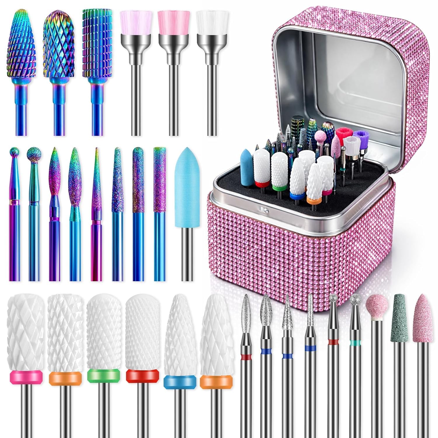 30 Set de brocas para uñas con estuche: 3/32'' fresas carburo torno para uñas, diamante y cerámica, kit brocas uñas profesional multifunción para uñas acrílicas, manicura y pedicura en salón o en casa