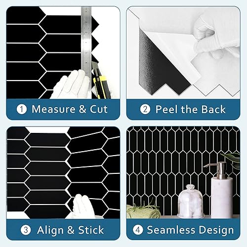 Miniatura 5 de SUNWINGS Azulejo de pared para cocina, despegar y pegar, azulejos autoadhesivos compuestos de piedra, azulejos largos de mosaico hexagonal para