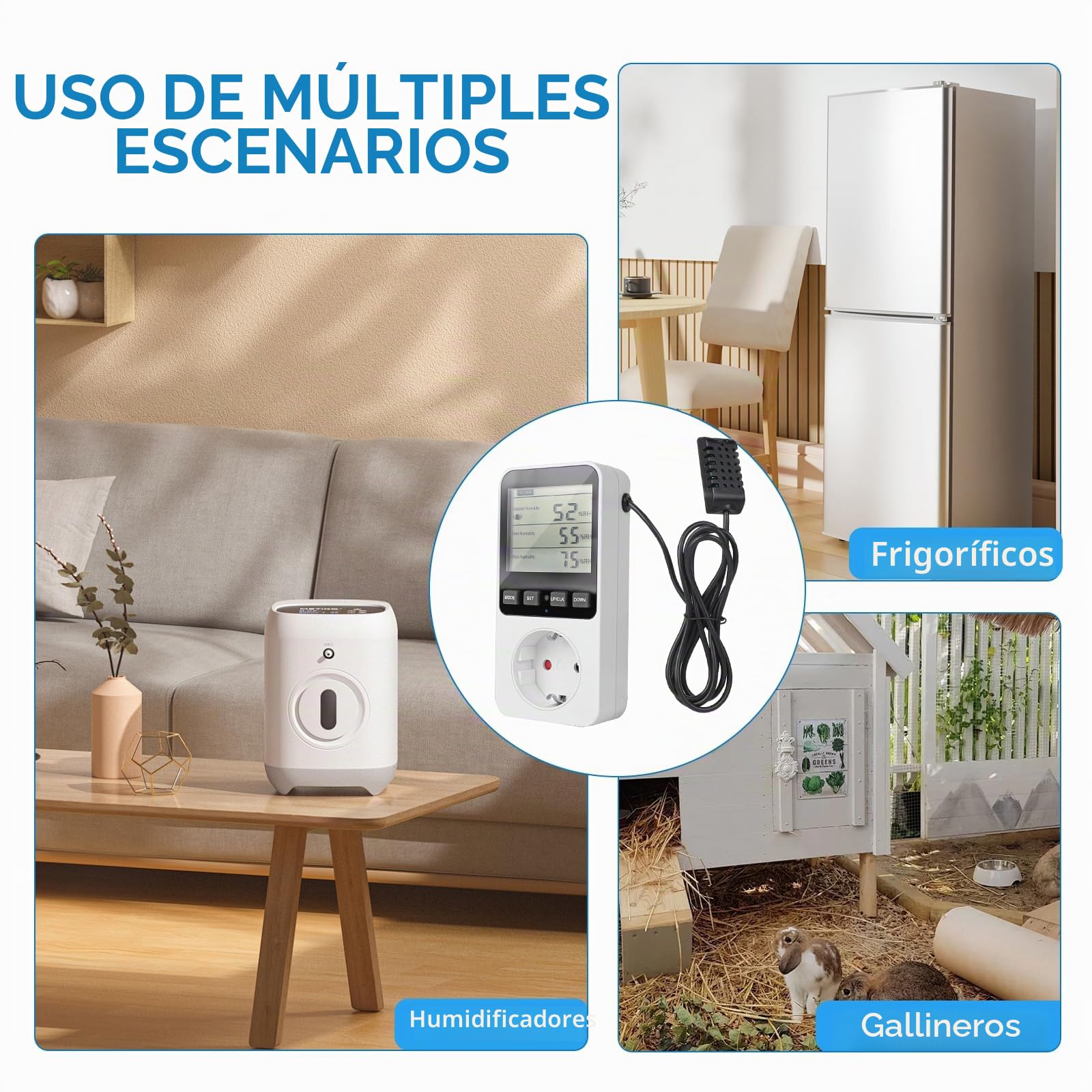 SWAWIS Enchufe termostático, regulador de temperatura y humedad, 230 V, con sonda higrostato digital, enchufe con alarma para humidificador y deshumidificador