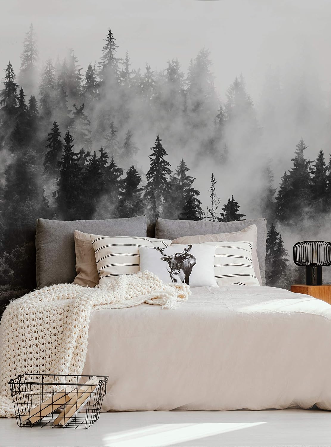 Simple Shapes Morning Forest Fog Mural Wall Art Wallpaper - Peel and Stick (6 Sheet Pack (2x9 feet), Black and White)