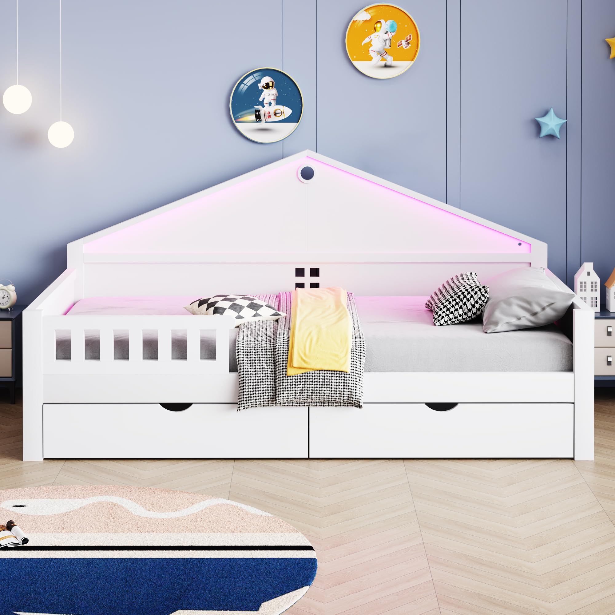 Lettino per bambini, 90 x 200 cm, con barra luminosa, cassetti, rete a doghe, letto singolo, letto per ragazzi, bianco