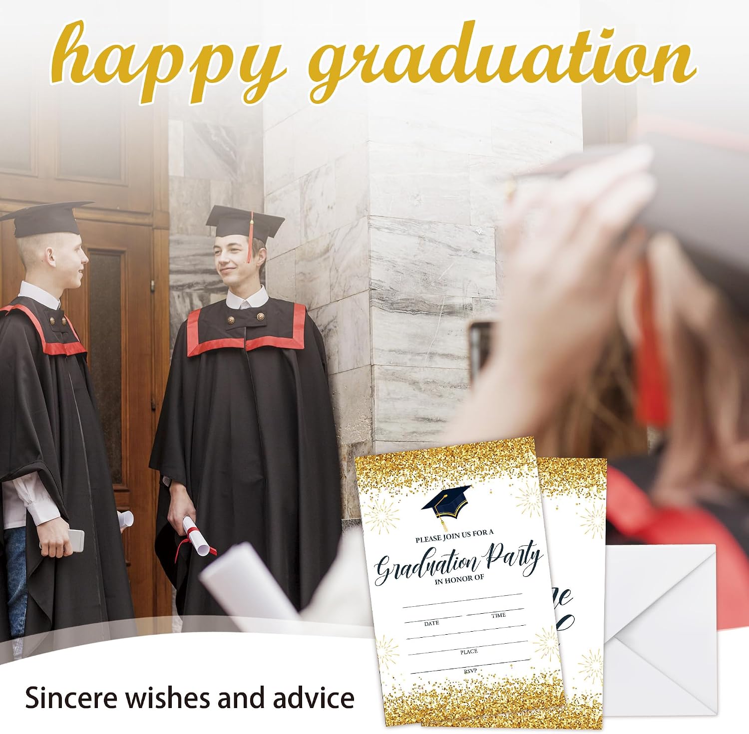 2026 Graduation Invite Cards, 25 Graduation Invitations With Envelopes Congrats Grad Graduation Party Supplies For University College Or High School Celebration （Gold） - A02