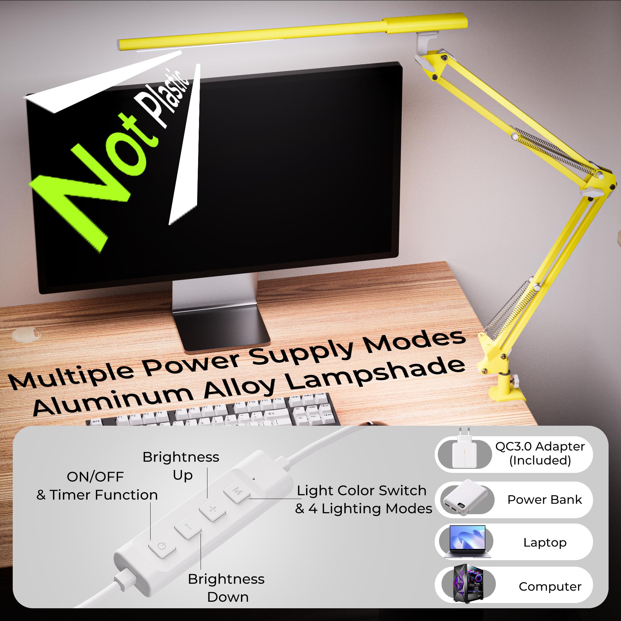 Lampada da scrivania a LED, lampada da scrivania per casa, ufficio, protezione degli occhi, lampada diurna, 5 temperature di colore e luminosità regolabili, con adattatore QC 3.0, 12 W, giallo
