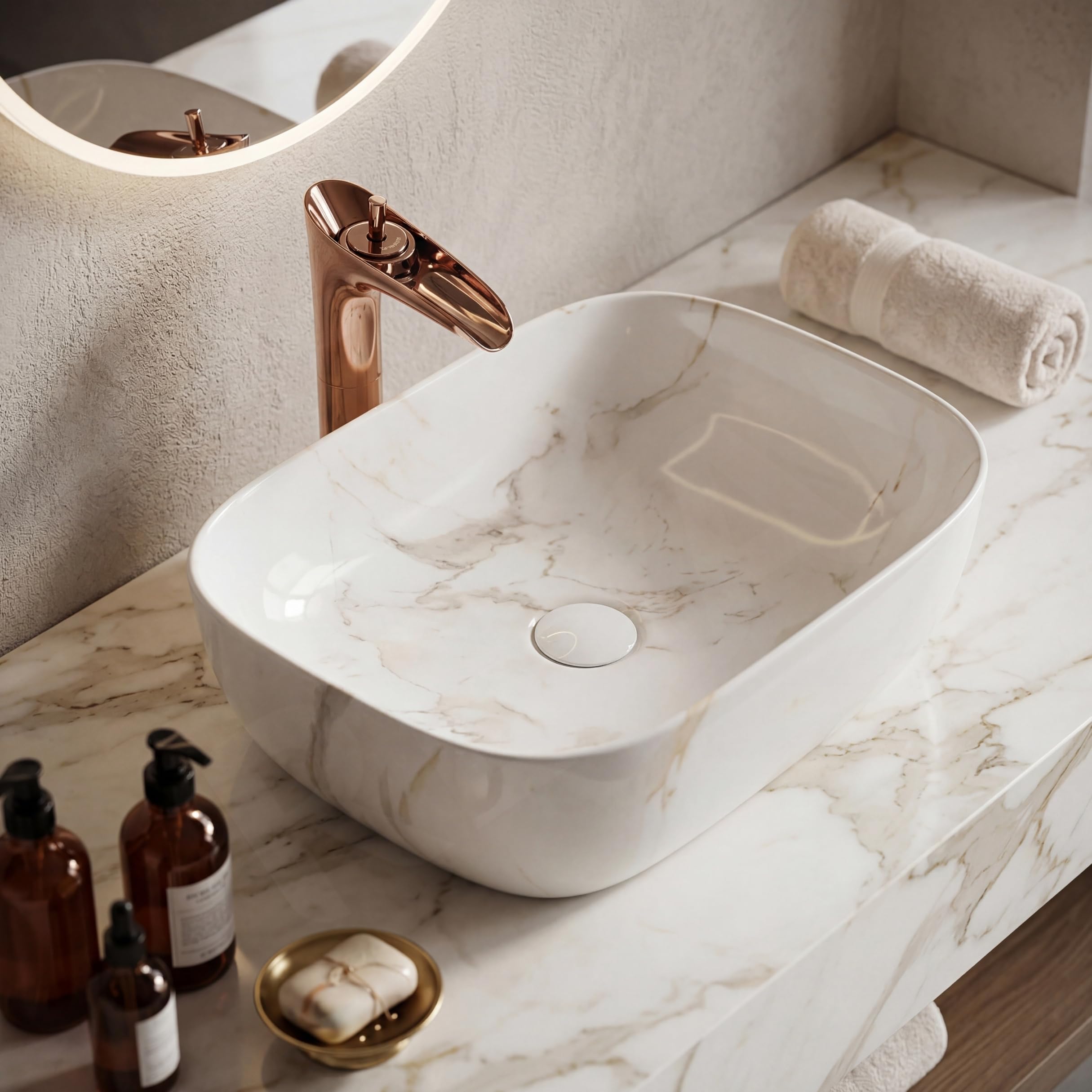 Reyal White Light Marble Ceramic Tabletop Wash Basin | Glossy Countertop Vessel Sink for Bathroom, Hotel & Home | Over-Counter Wash Basin (18 x 13 x 5.5 Inch)(White Light Marble - Glossy)