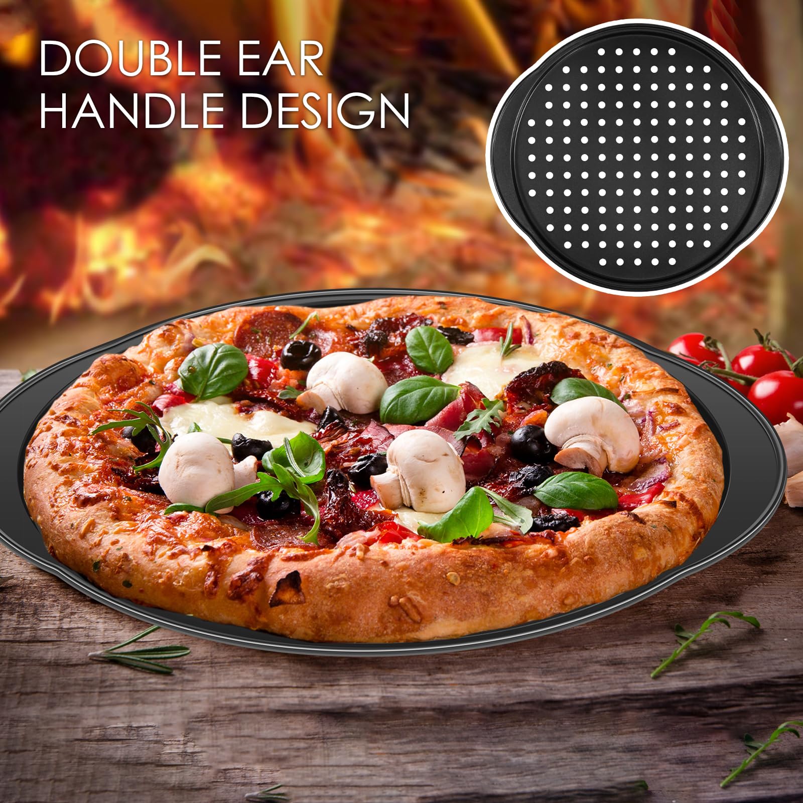 2 sartenes para pizza con agujeros, bandeja redonda de pizza de 14 pulgadas para horno, bandeja para hornear pizza de acero al carbono antiadherente, bandeja para hornear pizza con asas, para el 6