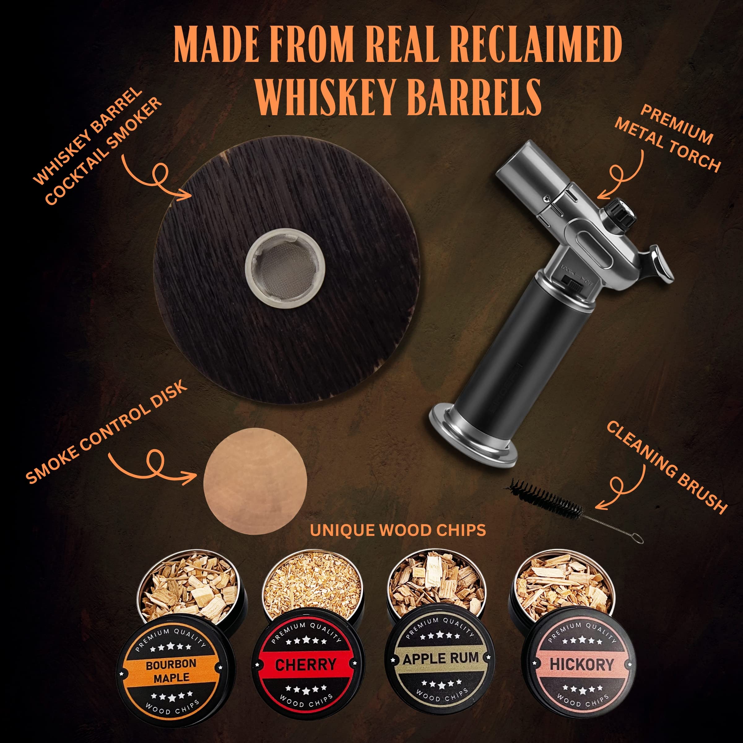 2025 Reclaimed Barrel Whiskey Cocktail Smoker Kit with Torch - Made in USA - Old Fashioned & Bourbon Whiskey Smoker Drink Kit