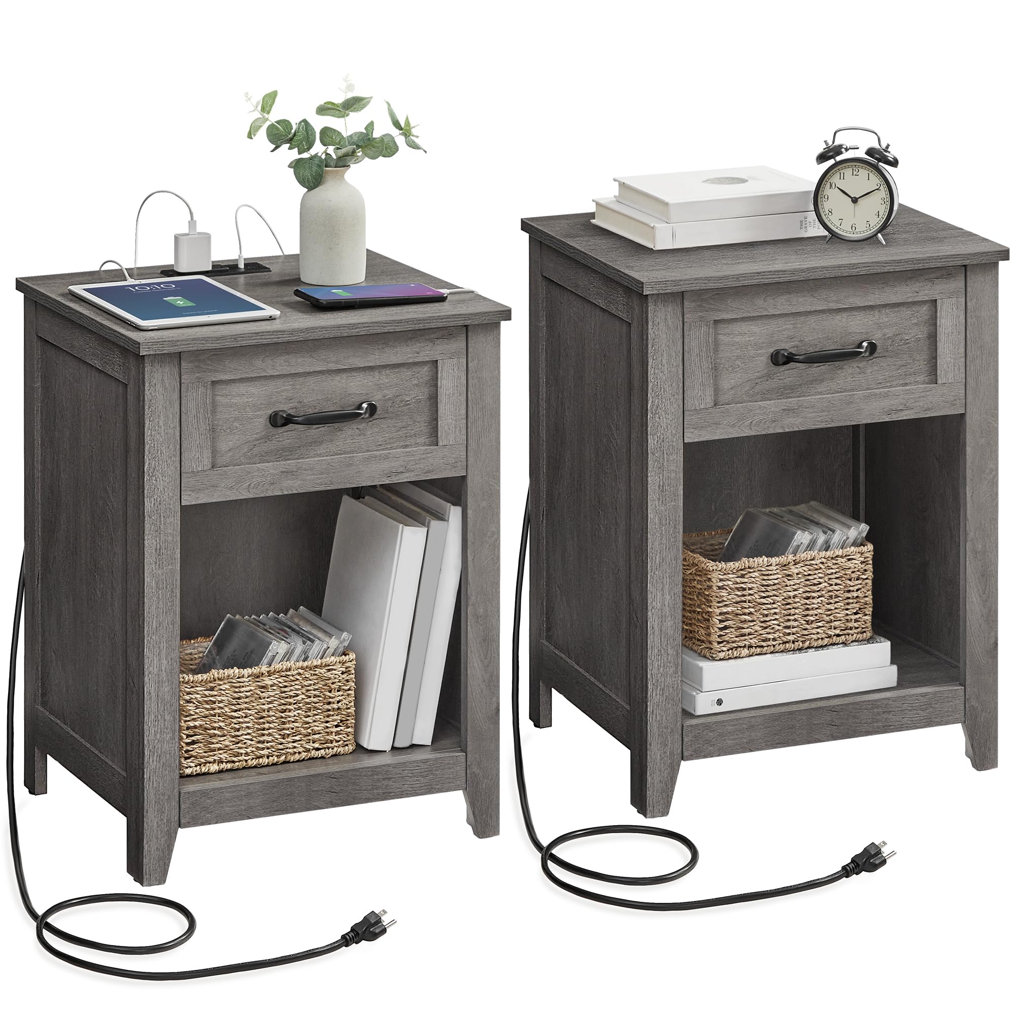 VASAGLE Farmhouse Nightstands with Charging Station, 1 Drawer, Set of 2
