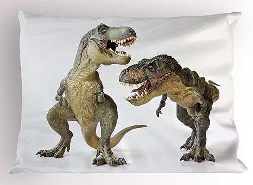 Ambesonne Funda de almohada de dinosaurio, Tyrannosaurus Rex Pair frente a criaturas feroces deprehistóricos, funda de almohada decorativa de tamaño