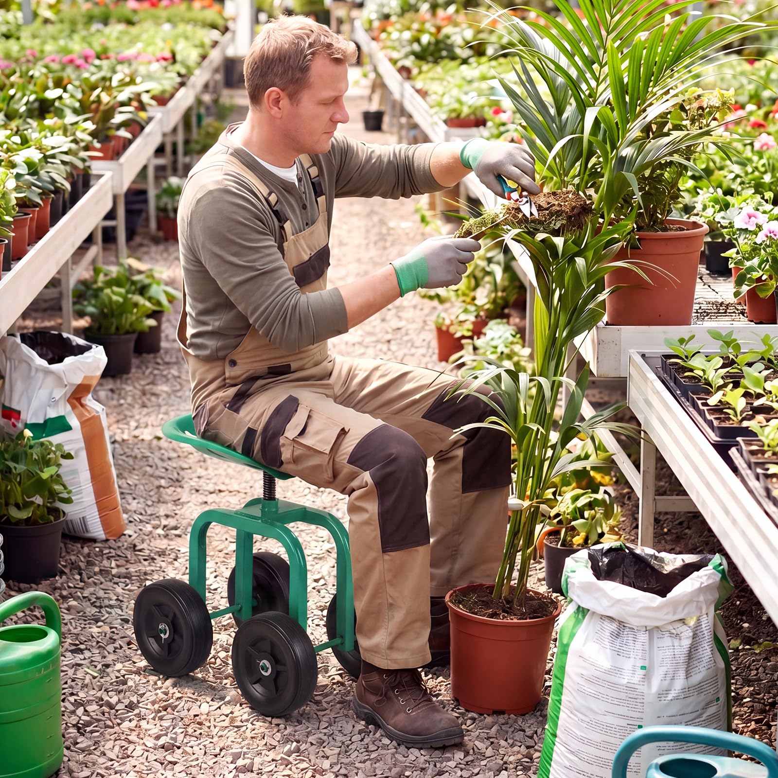 RELAX4LIFE Rollsitz, Gartensitz mit 4 Rädern, Gartenrollsitz 360 ° Drehbar & Höhenverstellbar 40-50 cm, Fahrbarer Arbeitssitz aus Metall, bis 150 kg, für Gartenarbeit & Autopflege