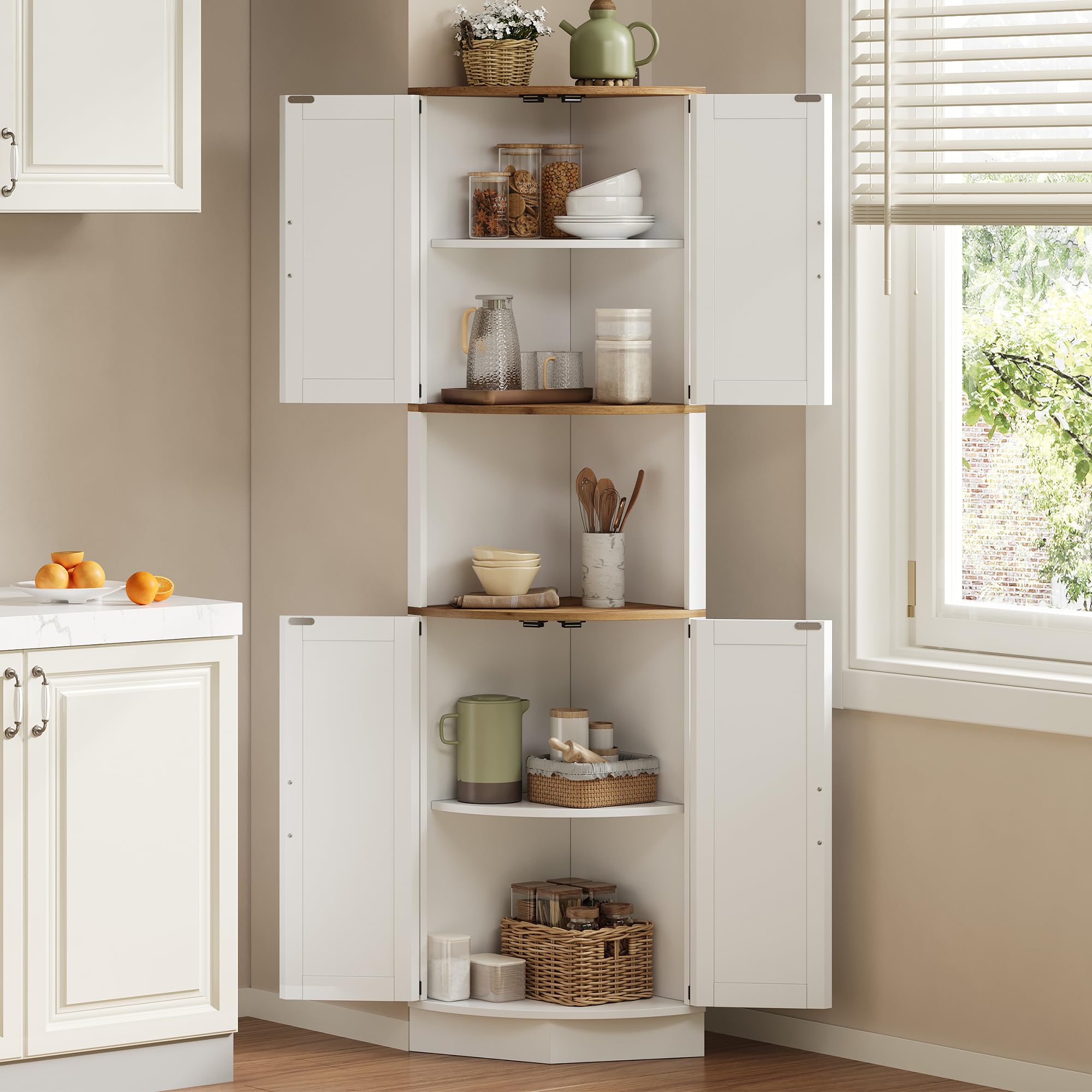 Merax Eckschrank, 180cm Küchenschrank Hoch, Eckregal mit 4 Türen und 5 Ablageflächen, Badezimmerschrank Schmal, Aufbewahrungsschrank Holz, Hochschrank für Küche, Wohnzimmer, Esszimmer, Weiß