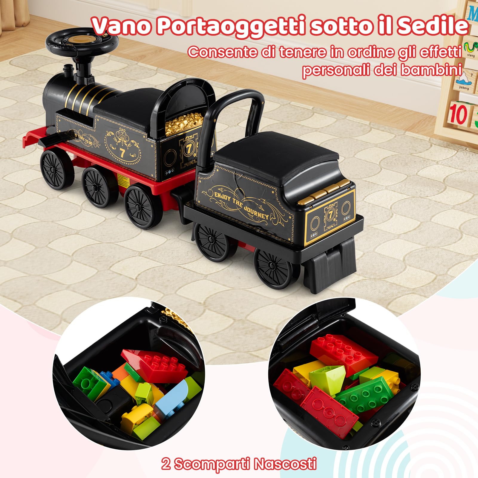 COSTWAY Trenino Elettrico con Vagone, 6V Giocattolo Elettrico a Batteria con Contenitore, Poggiapiedi Estraibili, Musica e Luci LED, Auto Elettrica per Bambini 18+ Mesi