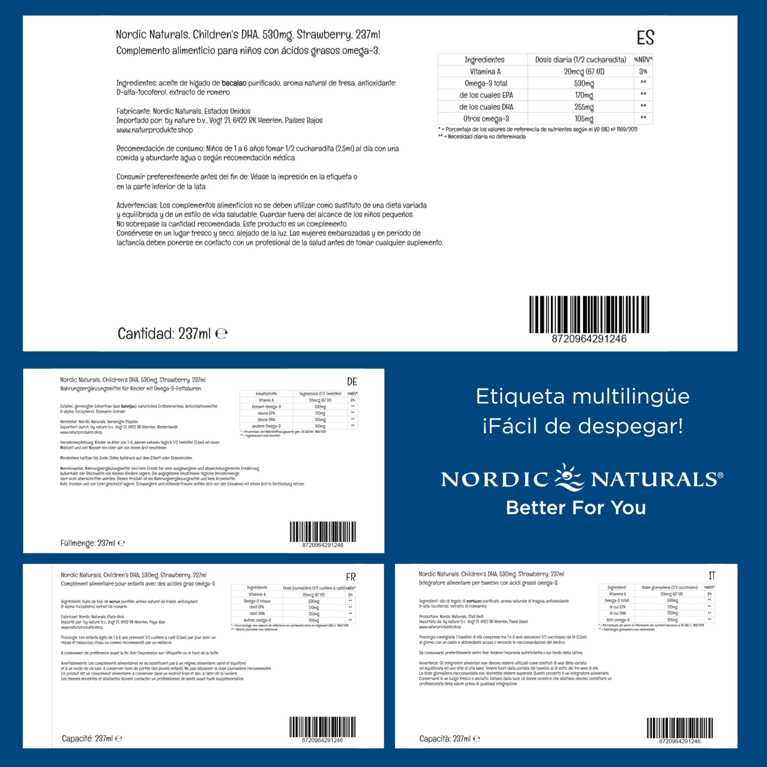 Nordic Naturals, Children's DHA, 530mg Omega-3 de Aceite de Hígado de Bacalao, Sabor Fresa, con EPA y DHA, 237ml, Testado en Laboratorio, Sin Soja, Sin Gluten, No GMO