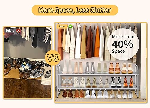 Miniatura 4 de SLEEPING LAMB Zapatero largo de 2 niveles para armario, estante ancho apilable para zapatos con capacidad para 18 pares de almacenamiento bajo de