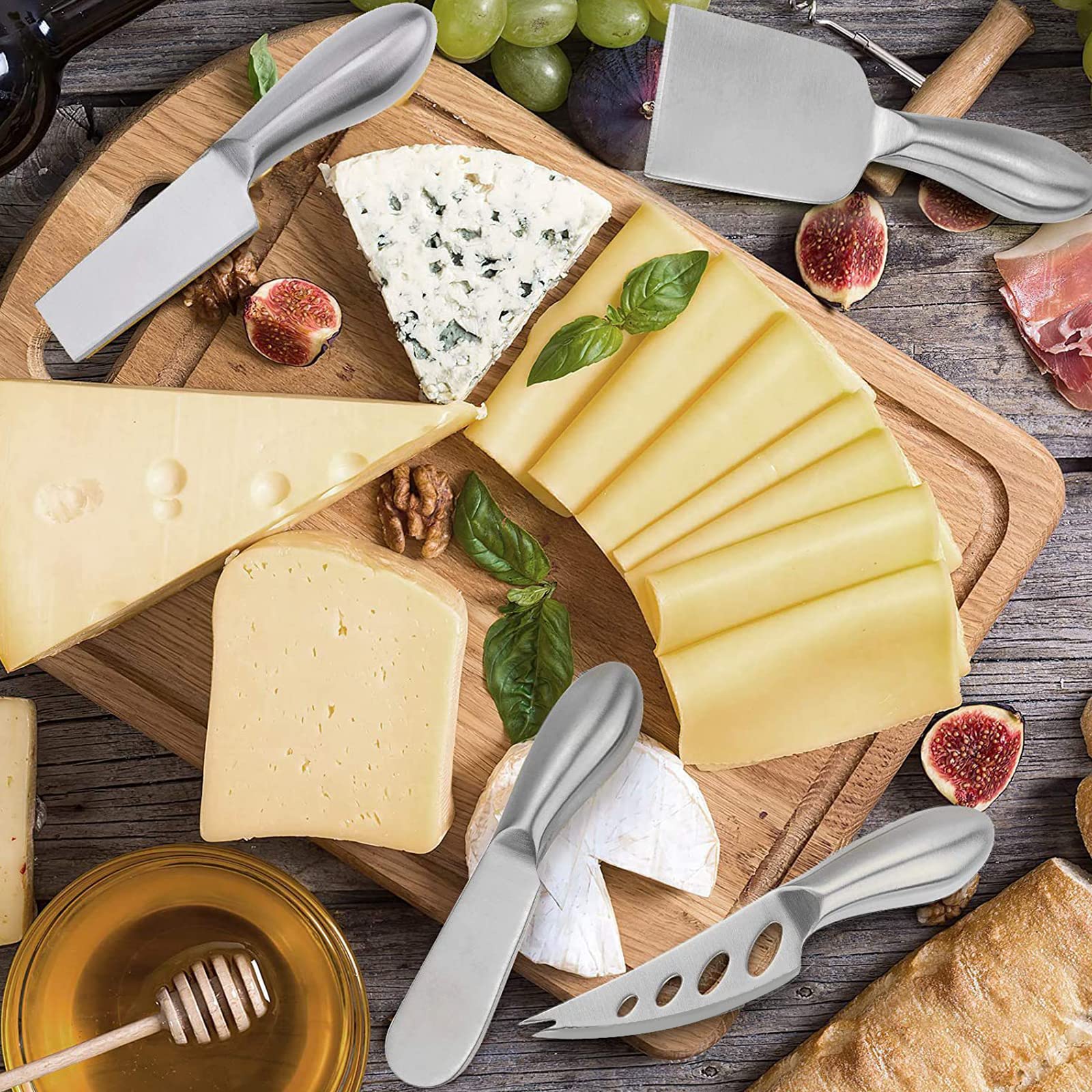 VANRA Juego de 6 Cuchillos de Queso Mini Cuchillos de Queso de Acero Inoxidable con Esparcidor de Mantequilla y Tenedor para Tablas de Embutidos y Platos de Queso