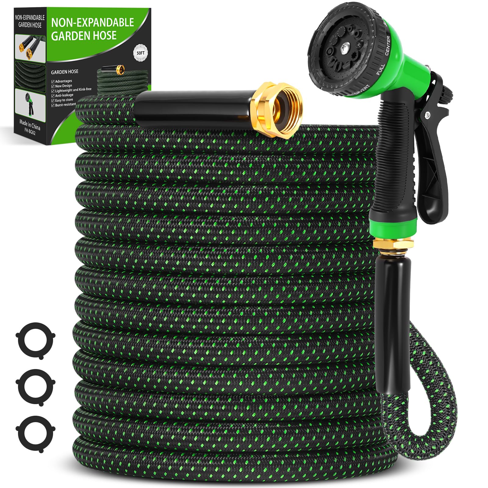 Garden Hose 50ft, Non-Expanding Water Hose with 10 Function Nozzle, Lightweight, Kink Free, Sturdy, Leak-Proof, Portable, Flexible Hose 50ft for Outdoor, Yard, Lawn, Car Wash and Camper Use