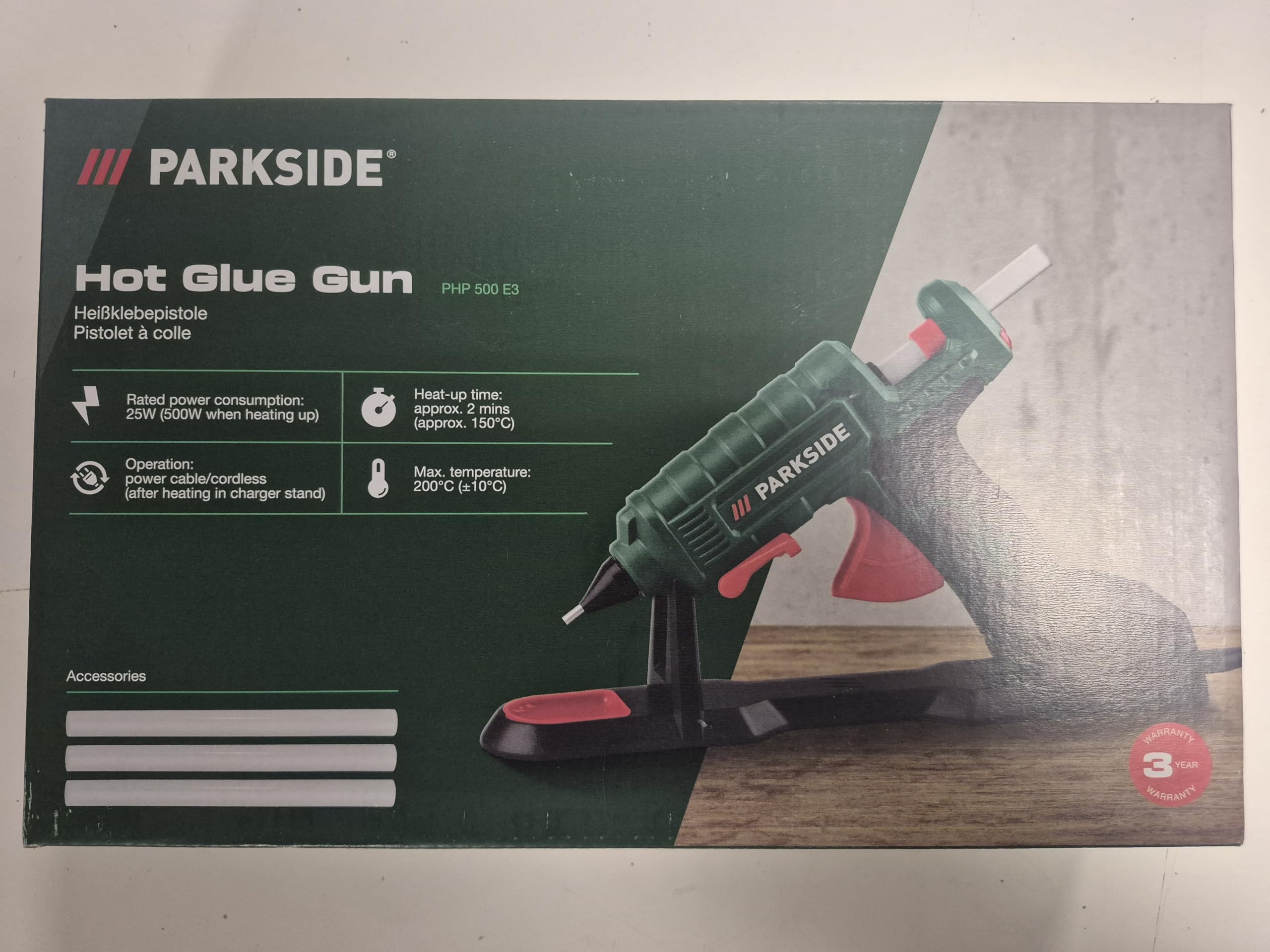 PARKSIDE® PHP 500 E3 Pistola per colla a caldo senza fili 25W, impugnatura: Ø 11 mm, 200 °C, pistola per colla 200°