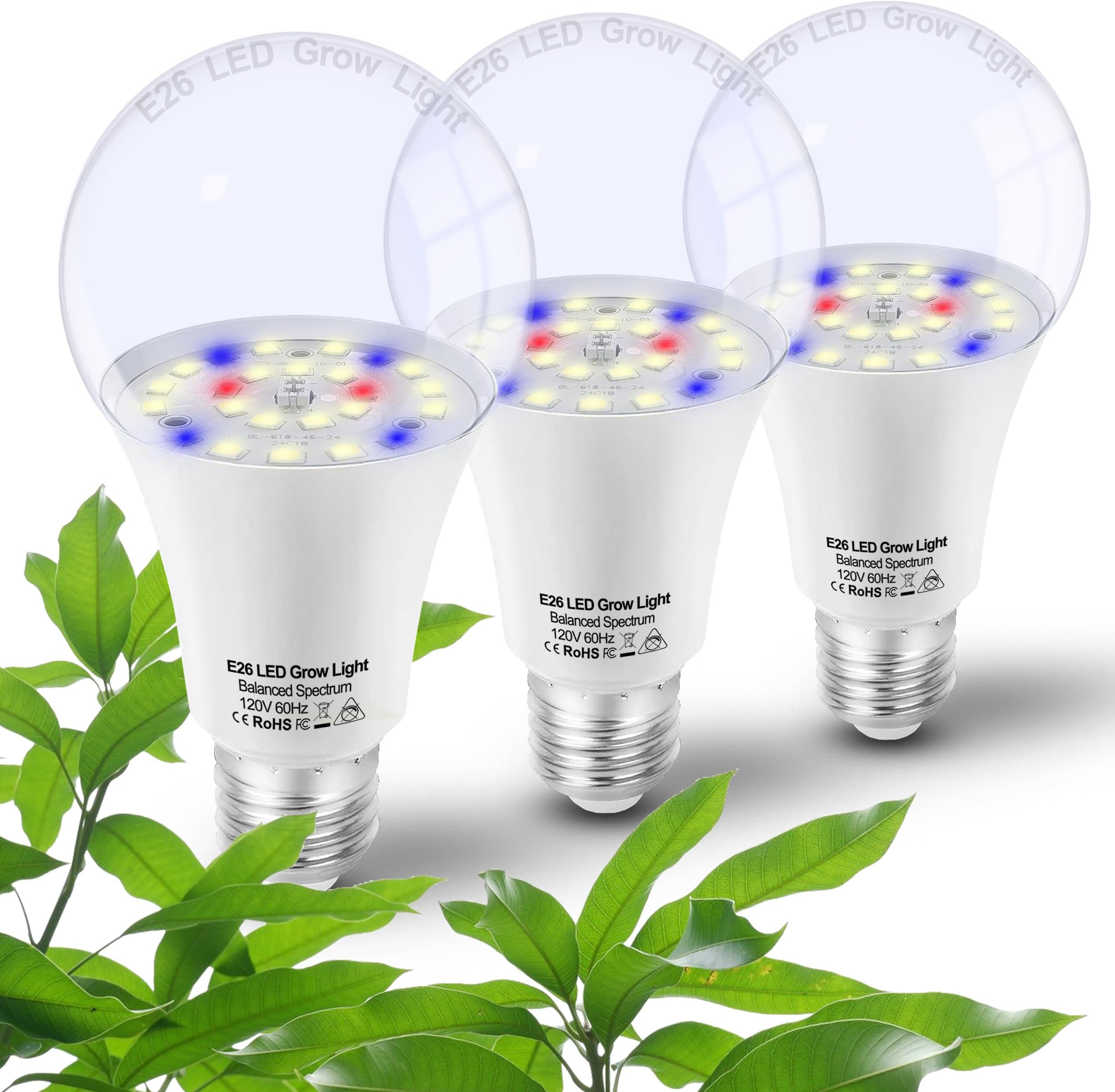 Grow Light Bulbs for Indoor Plants Full Spectrum,E26 A19 Grow LED Lamp Bulb 10W with Balanced Spectrum 5000K Red Blue for Seeds Greens Laboratory,School,Greenhouse, Indore Garden, Hydroponic,3Pack